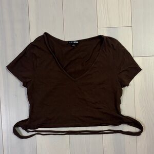 Fashion Nova Chocolate V-Neck Crop Top with Tie